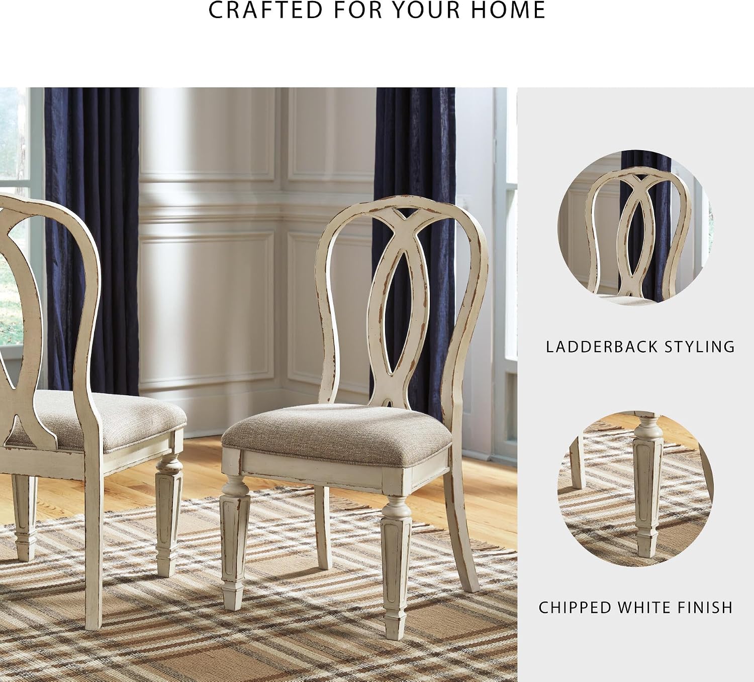 Signature Design by Ashley Realyn French Country Ribbon Back Dining Chair, 2 Count, Chipped White