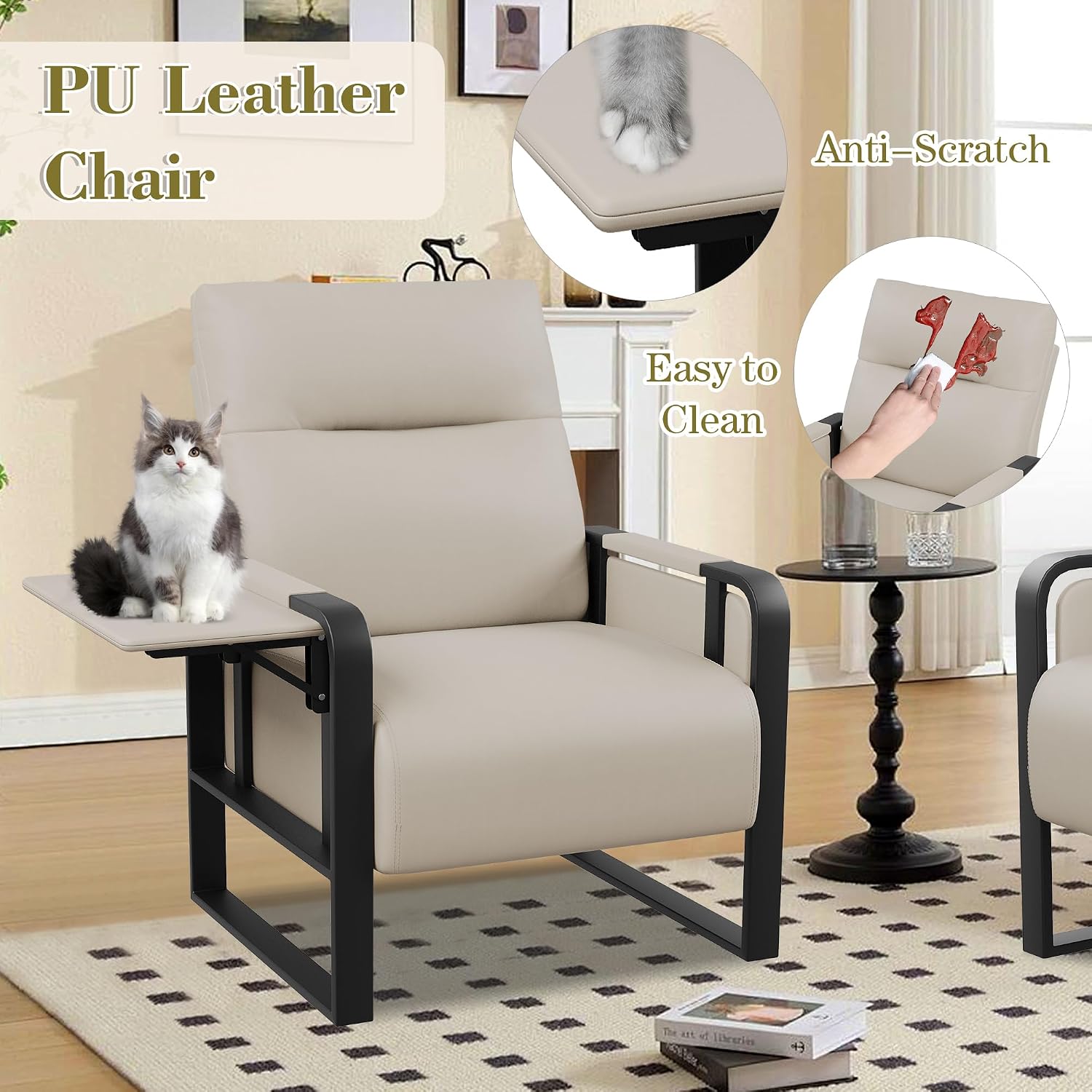Modern Accent Chair PU Leather Upholstered Armchair with Tray Table for Bedroom Living Room Chairs Office Chair Beige