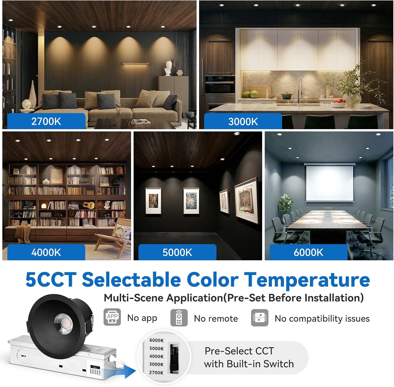 CycevSun Black 3 Inch Recessed LED Lights, Anti-Glare COB Ceiling Spotlight, 5CCT Selectable, 130LM/W, 12W, RA95 Small Exterior Soffit Lights, Dimmable, ETL, IP44 Damp Rated Shower Light, 12-Pack
