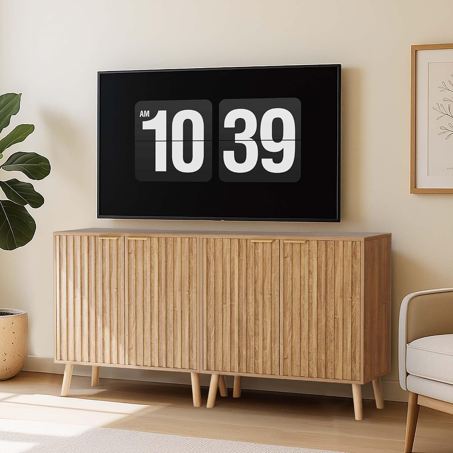 Pamapic Fluted Storage Cabinet, Sideboard Buffet Cabinet with Storage, Wood Credenza with Adjustable Shelves, Modern Accent Cabinet for Living Room, Kitchen, Entryway, Natural(2, Natural)