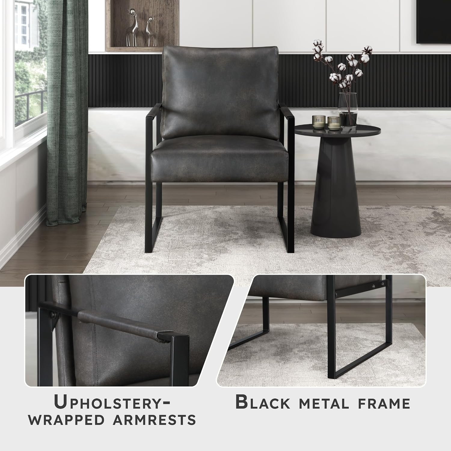 Lexicon Modern Accent Chair, Faux Leather Upholstered Living Room Chair With Wrapped Armrests,Arm Chair With Black Metal Frame,Comfy Single Chair For Living Room/Bedroom/Reading Room/Office,Dark Brown