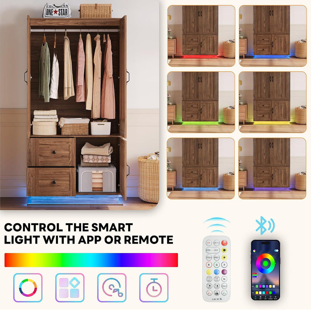 LIKIMIO Farmhouse Wardrobe Closet with Doors, 70' Bedroom Armoires with LED Lights and Hanging Rod, Wooden Large Wardrobe Cabinet with 2 Drawers and 1 Cabinet, Walnut