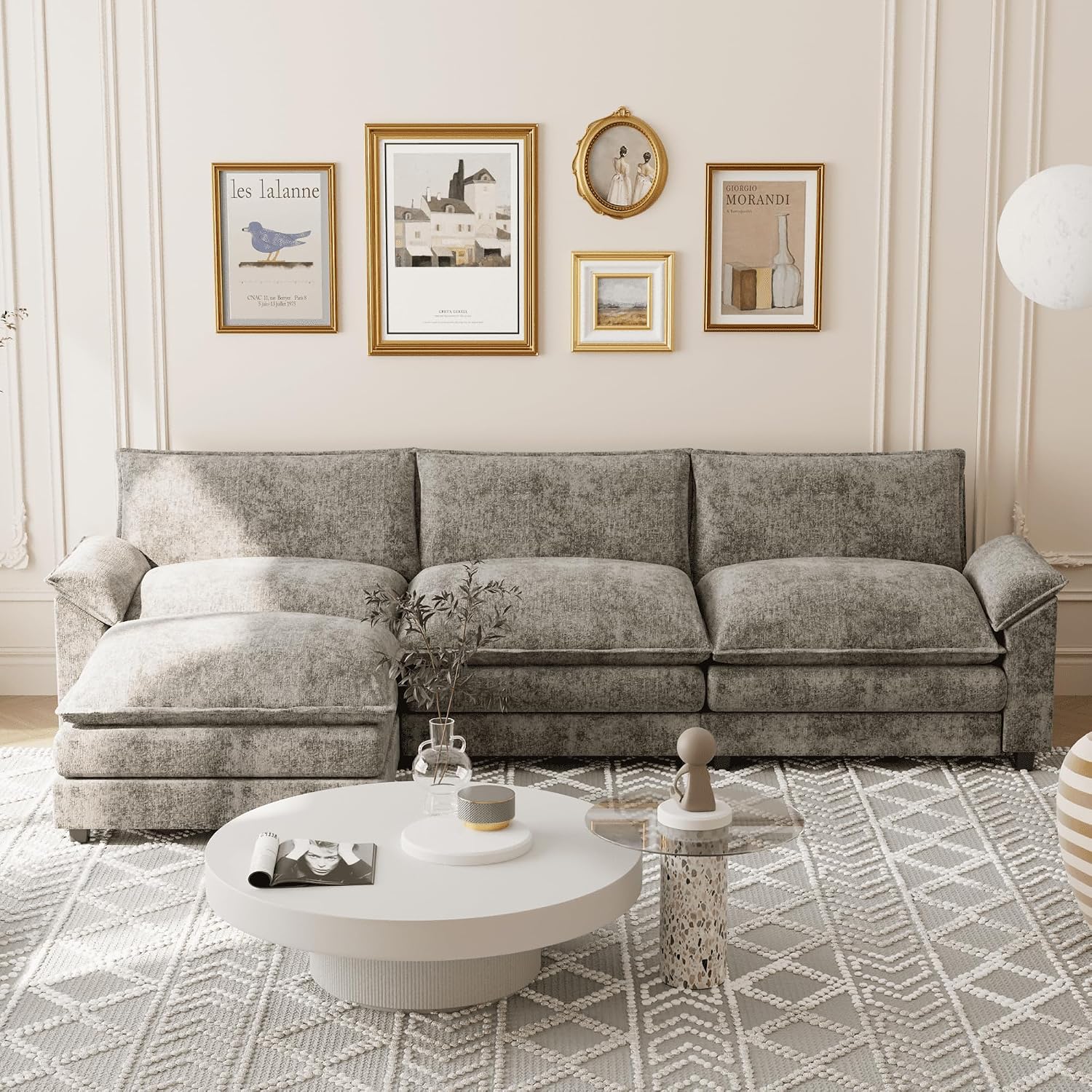 Shahoo Sectional Modular Sofa L Shaped Chenille Fabric Couch with High Supportive & Soft Sponges and Removable Ottoman, Sleeper Comfy Upholstered Furniture for Living Room, Grey