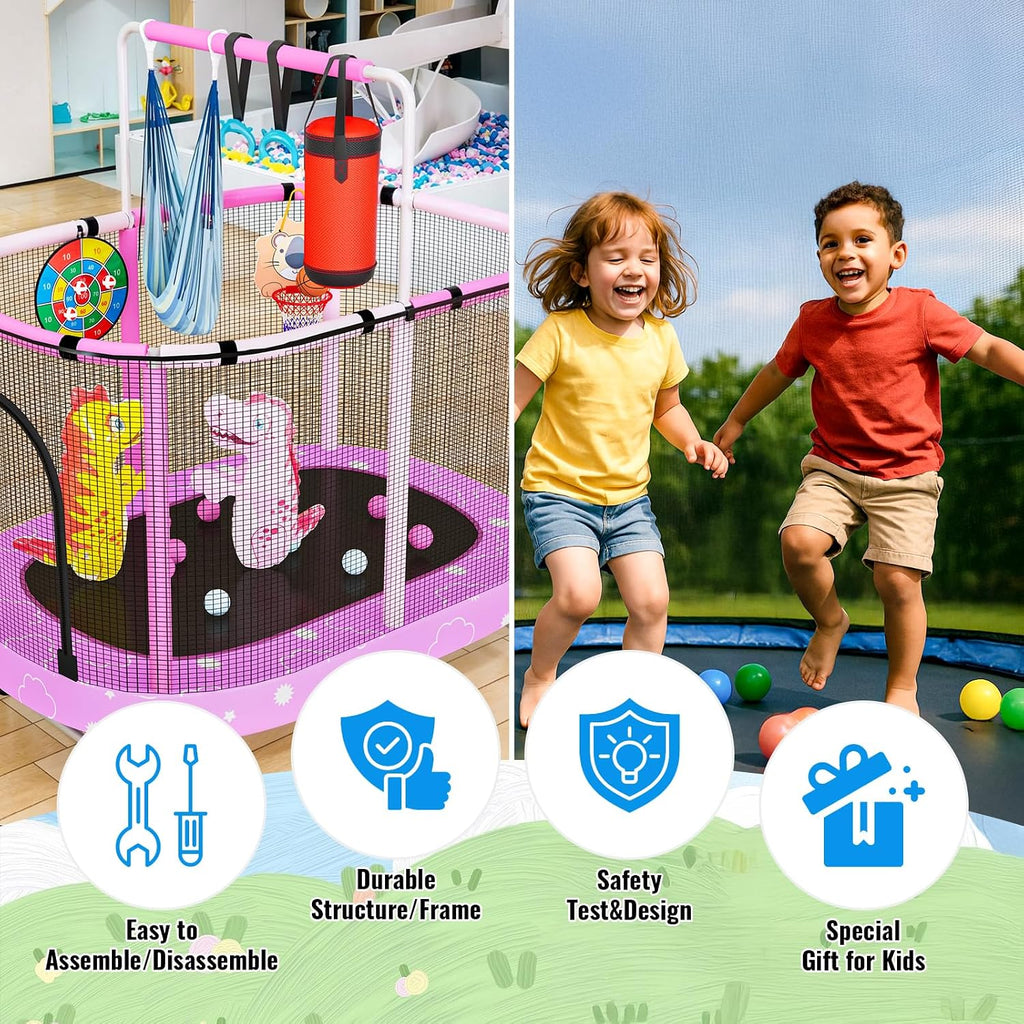 LAMERGE 55' 7-in-1 Round Trampoline for Kids Boys & Girls Ages 1-8, Indoor & Outdoor Trampoline for Fun, Adjustable Height Handrail ＆ Enclosed Safety Net ＆ Durable Designs for Toddlers Children