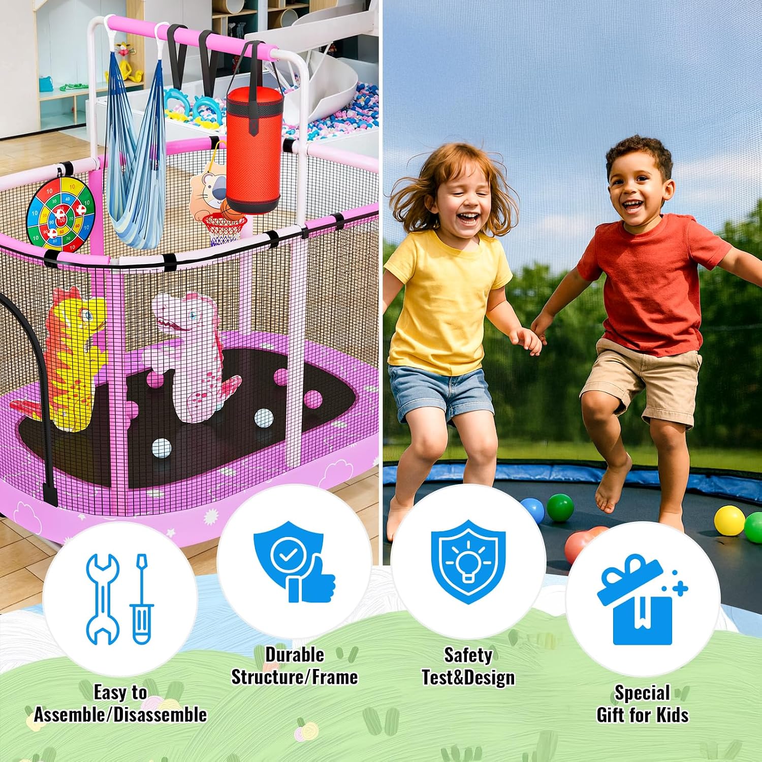 LAMERGE 55' 7-in-1 Round Trampoline for Kids Boys & Girls Ages 1-8, Indoor & Outdoor Trampoline for Fun, Adjustable Height Handrail ＆ Enclosed Safety Net ＆ Durable Designs for Toddlers Children