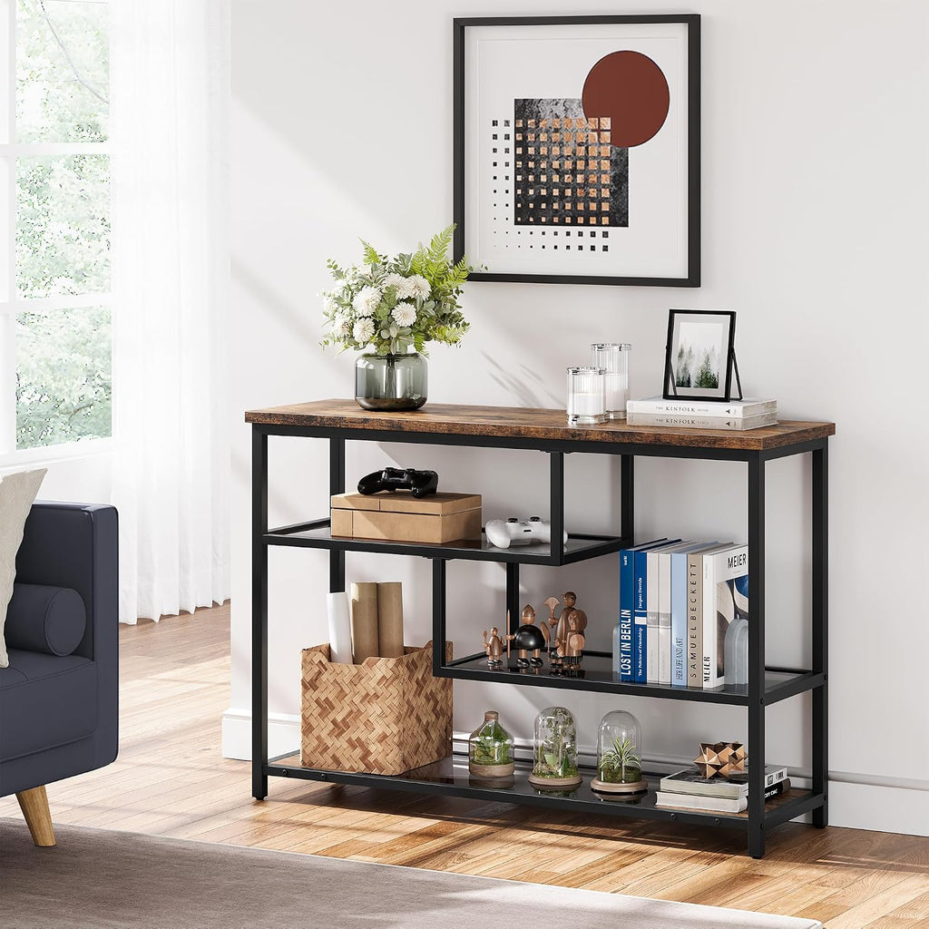 IDEALHOUSE 39.4' Console Table 4-Tier Narrow Entryway Table with Glass Storage Shelf and Metal Frame for Hallway, Living Room, Foyer, Bedroom, Corner Tables, Small Space Furniture, Rustic Brown