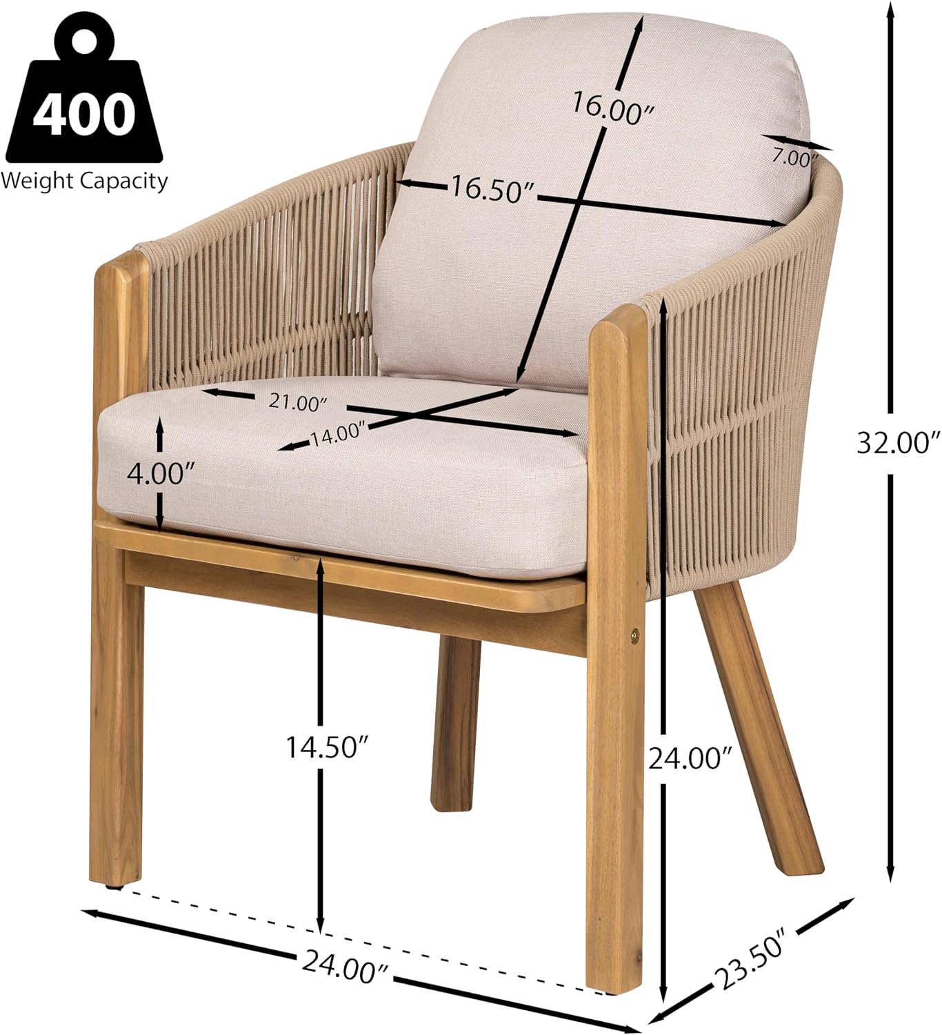 Christopher Knight Home Kclent Outdoor Acacia Wood Dining Set for 6, Patio Table & Chairs with Angled Rope Arm, Removable Cushions, 7 Piece Patio Dinner Set for Backyard Deck, Teak+ Beige
