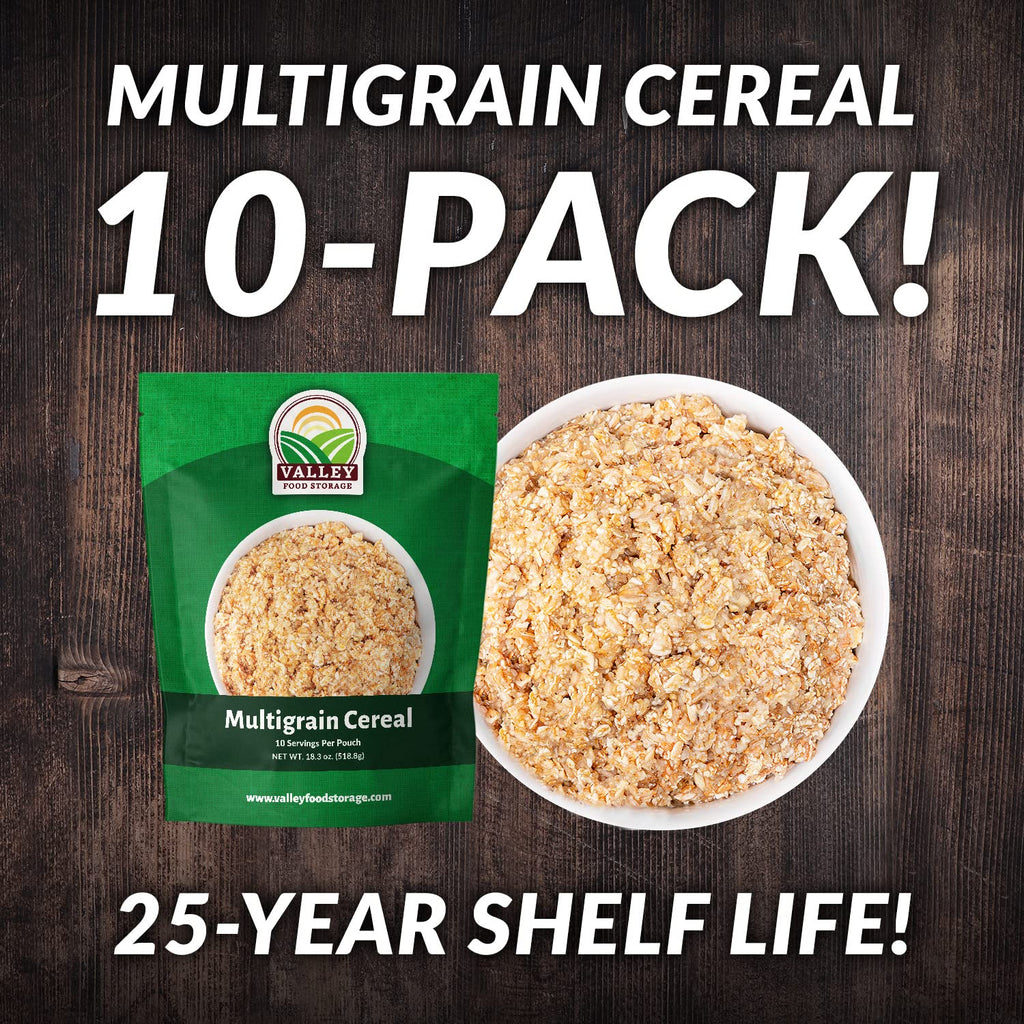 Valley Food Storage Multigrain Dried Cereal | 10-Bag Bucket, 100 Servings | Premium Emergency Food Supply, 25 Year Shelf Life | Survival Breakfast Food for Camping, Prepper Storage & Off-Grid Living