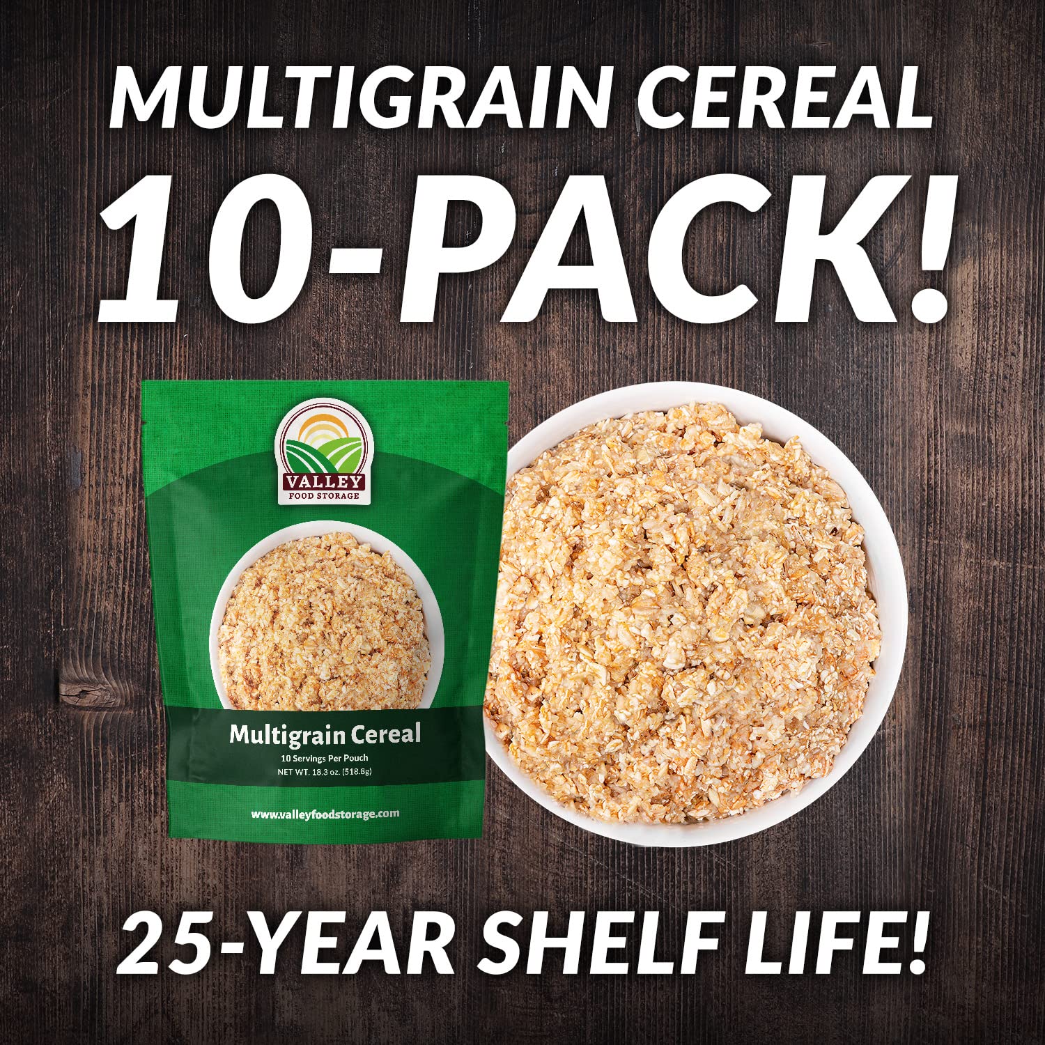 Valley Food Storage Multigrain Dried Cereal | 10-Bag Bucket, 100 Servings | Premium Emergency Food Supply, 25 Year Shelf Life | Survival Breakfast Food for Camping, Prepper Storage & Off-Grid Living