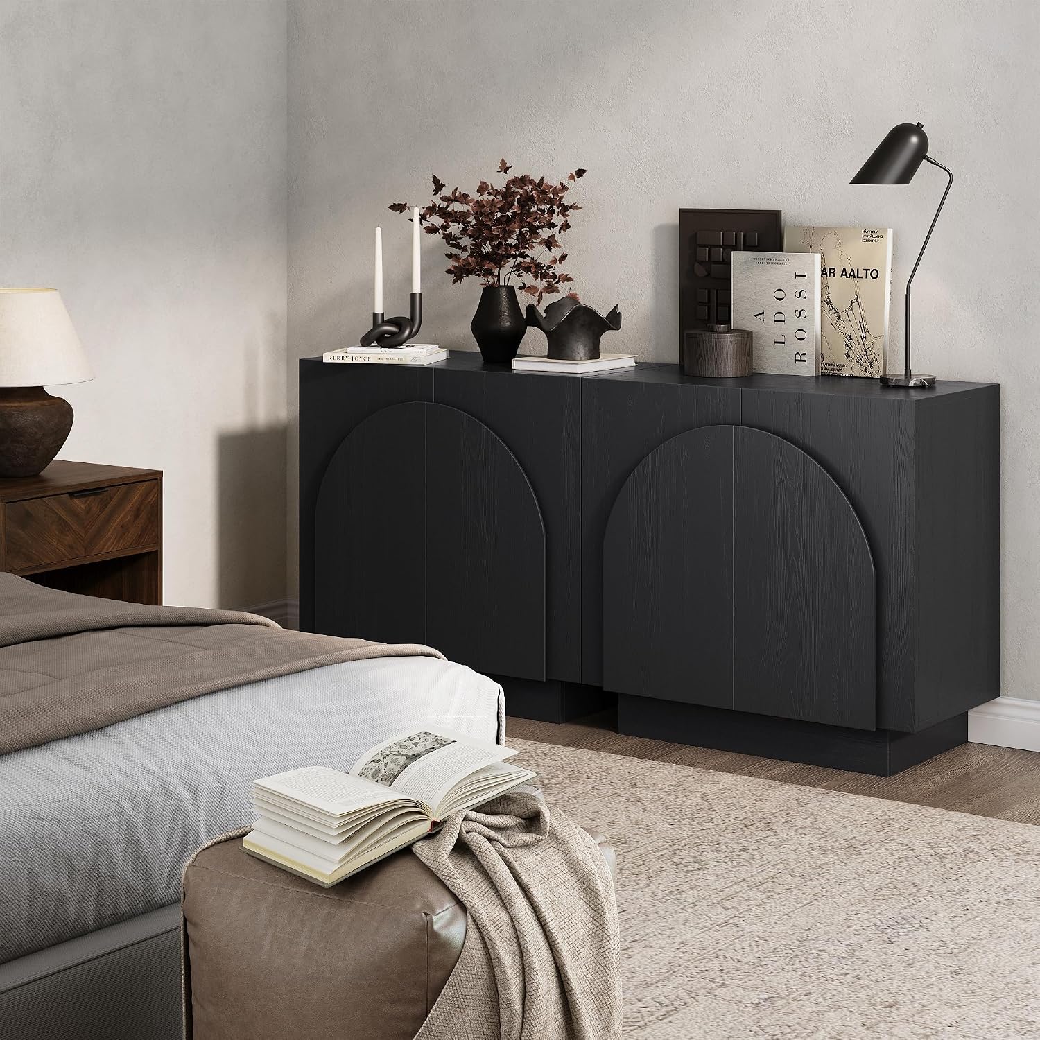 Nathan James Iris Mid-Century Modern Credenza, Black Sideboard Buffet, Living Room Wood Storage Cabinet with Arched Cabinet Doors, Black Credenza Cabinet for Kitchen or Living Room, Black Oak