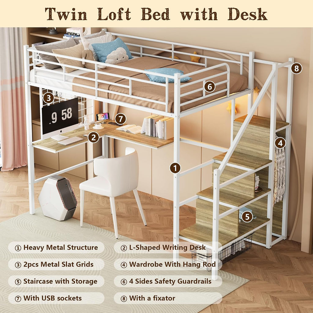 Twin Size Metal Loft Bed with L-Shaped Desk & Storage Wardrobe, Heavy Duty Bed Frame w/Reversible Stairs (Built-in Storage) + USB Port, Space-Saving Noise-Free, No Box Spring Needed