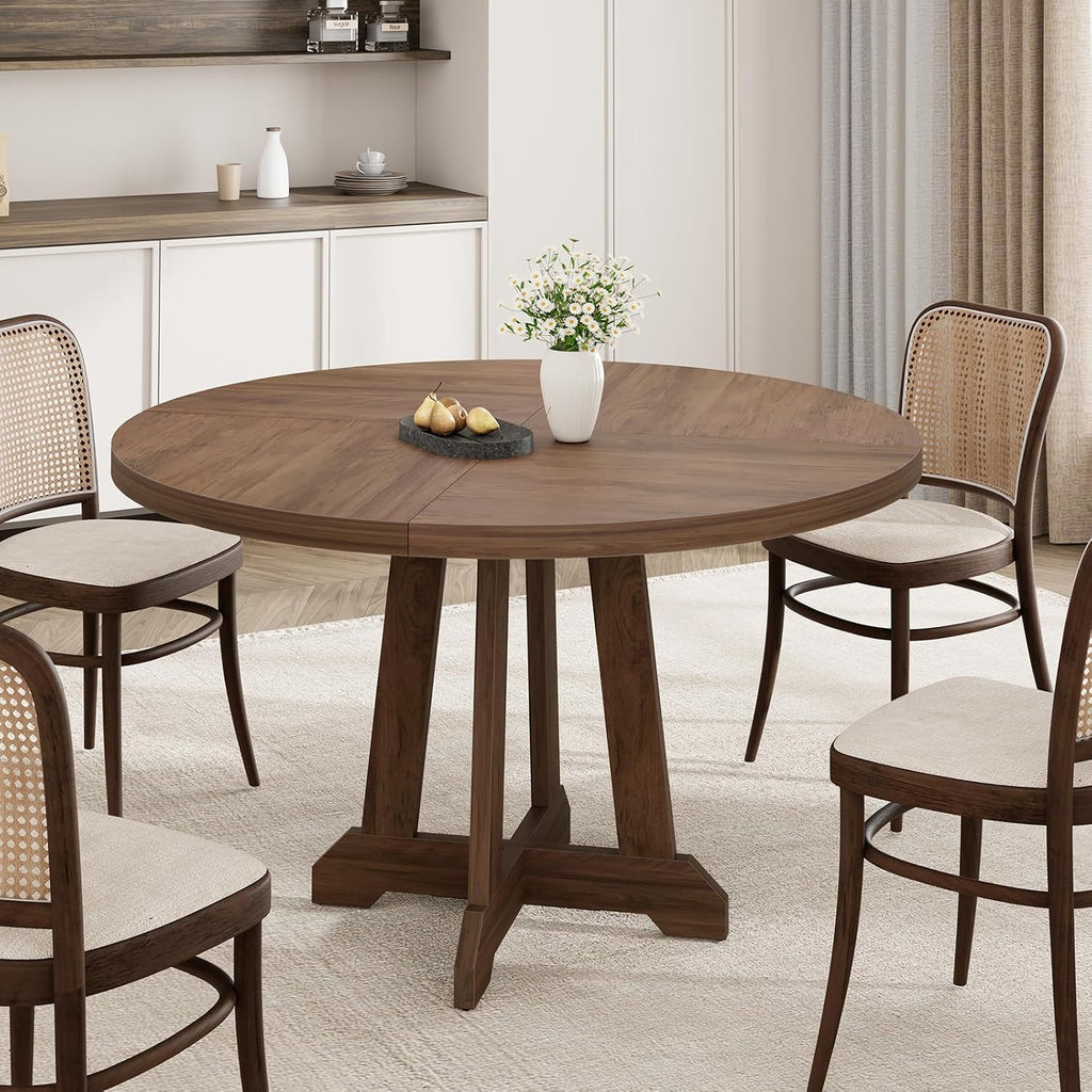 IDEALHOUSE Round Dining Table for 4, 47 Inches Dining Room Table with Wooden Base, Kitchen Table with Circle Tabletop, Dinner Table for Dining Room, Kitchen, Living Room, Brown