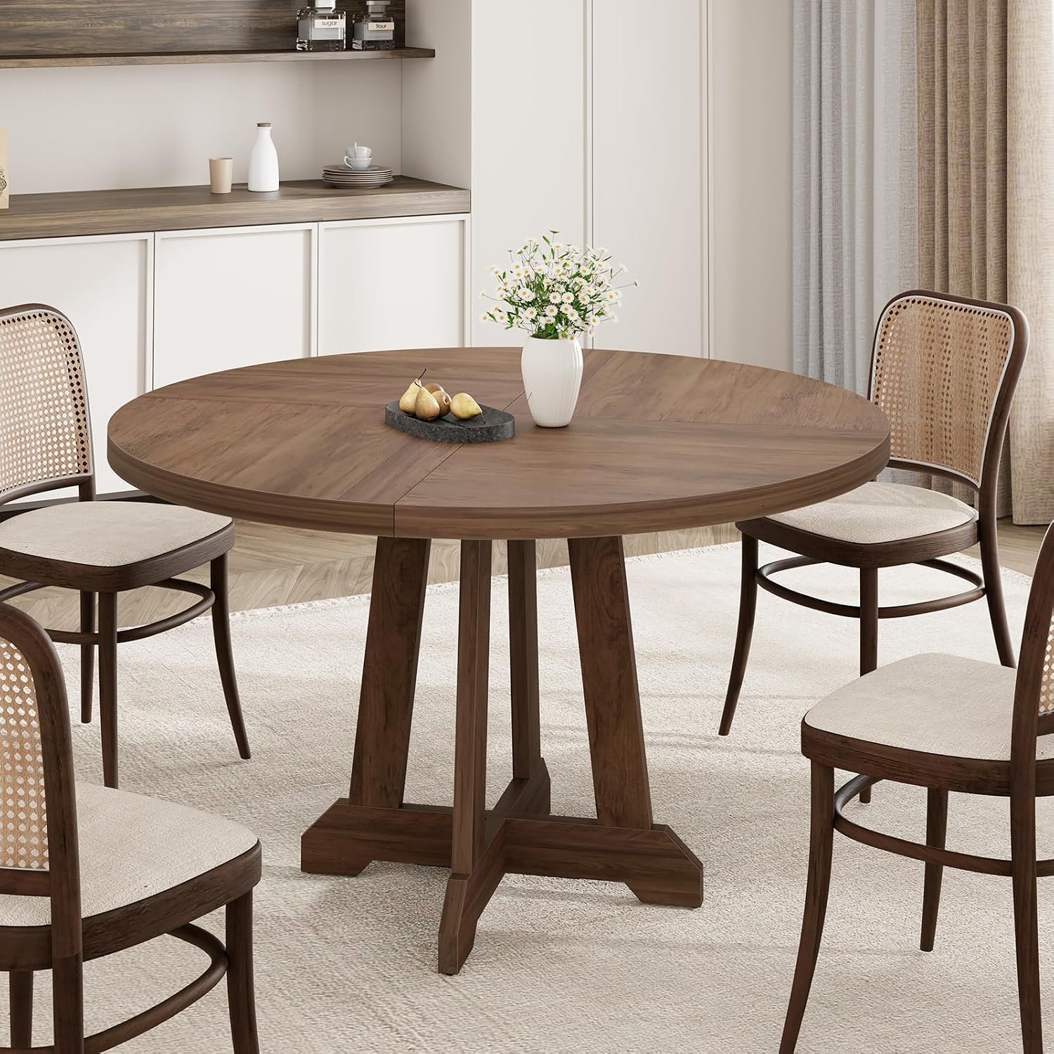 IDEALHOUSE Round Dining Table for 4, 47 Inches Dining Room Table with Wooden Base, Kitchen Table with Circle Tabletop, Dinner Table for Dining Room, Kitchen, Living Room, Brown