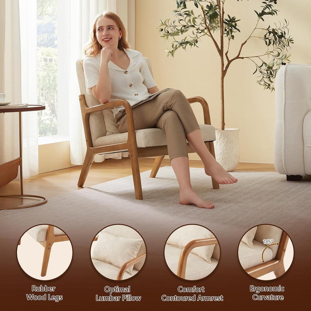 Achicsofar Accent Chair Mid Century Modern Armchair with Lumbar Support Pillow Wood Legs PU Leather Upholstered Lounge Chairs Comfy High Back Cushion for Living Room Bedroom