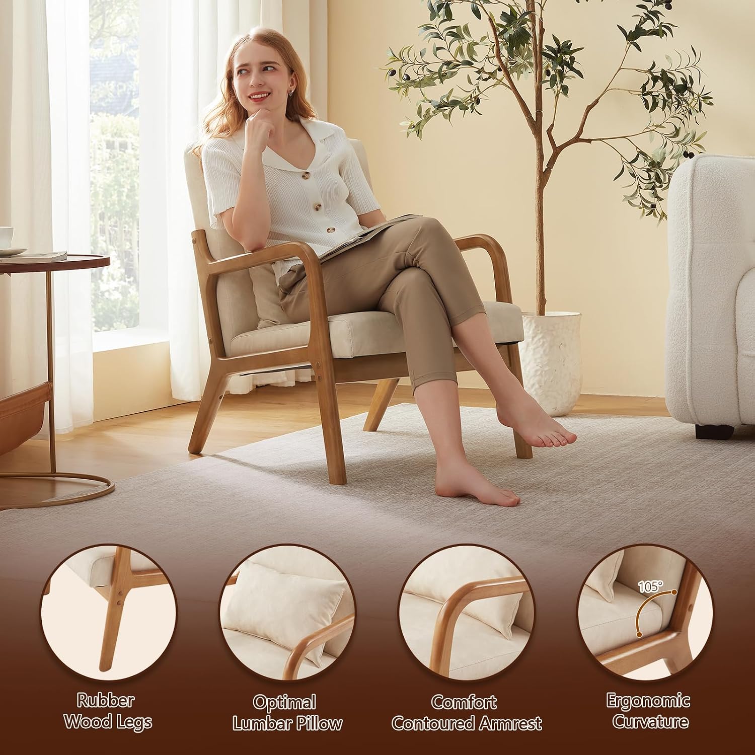 Achicsofar Accent Chair Mid Century Modern Armchair with Lumbar Support Pillow Wood Legs PU Leather Upholstered Lounge Chairs Comfy High Back Cushion for Living Room Bedroom