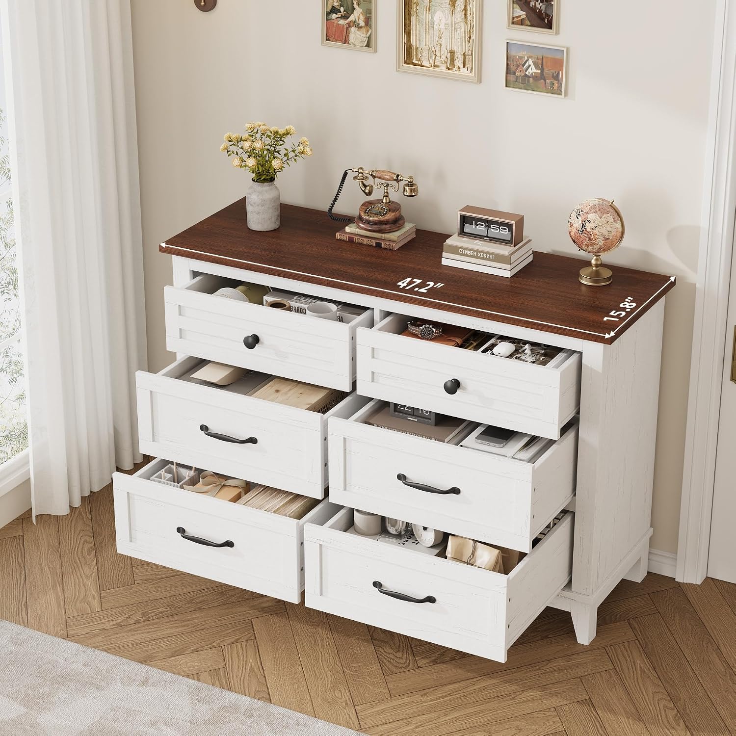 GarveeHome 6 Dresser for Bedroom, 47 in Wide Drawer Dresser with Storage Freestanding, Wooden Closet Storage Chest for Living Room, Bedroom, Entryway, White+Brown
