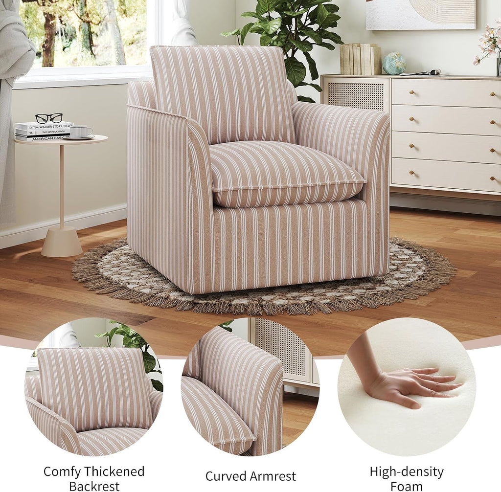 INZOY Swivel Accent Square Chair with Thick Padded Backrest Cushion, Swivel Reading Chair for Living Room Bedroom Small Spaces, Brown Stripe