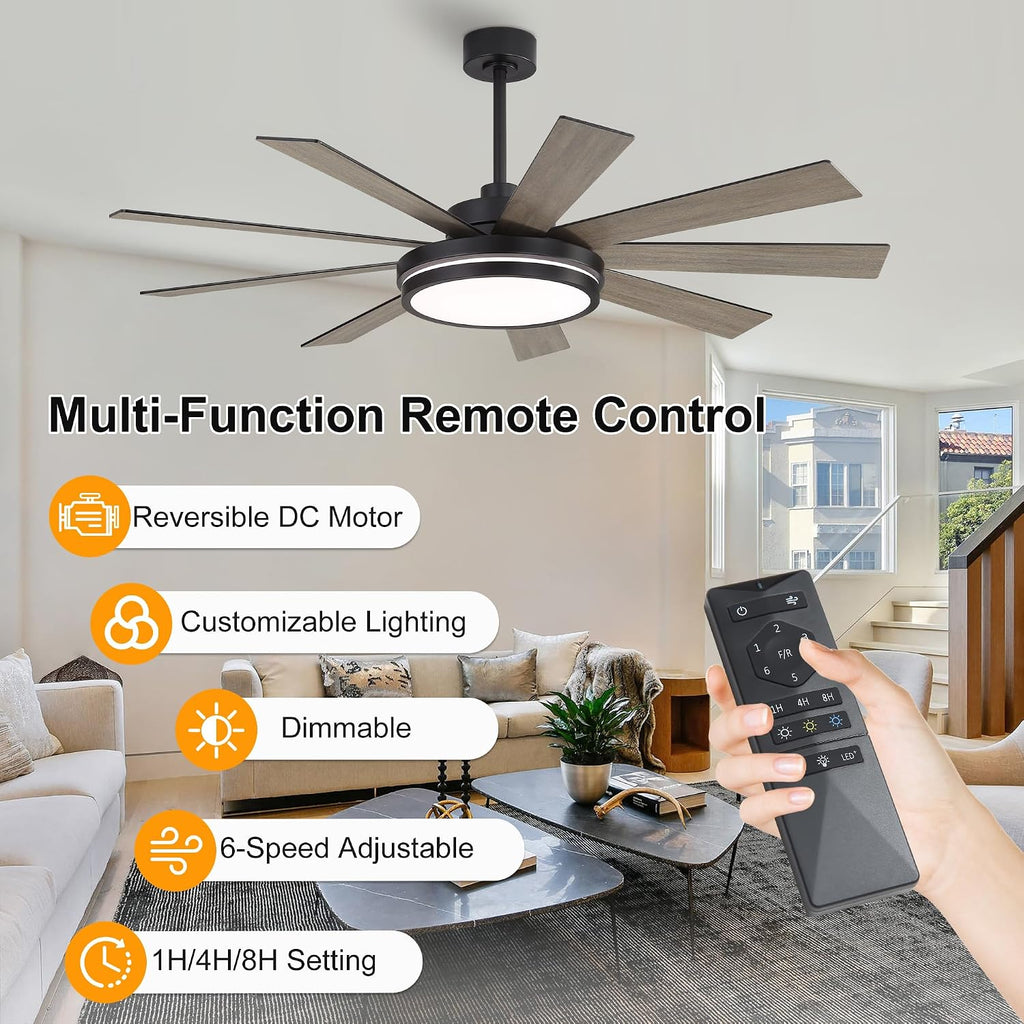 WINGBO 60' Ceiling Fan with Light - Large LED Dimmable Light, 6-Speed Remote Control, Reversible DC Motor, Modern Ceiling Fan 9 Blades for Bedroom, Living Room, Indoor Outdoor Black and Driftwood