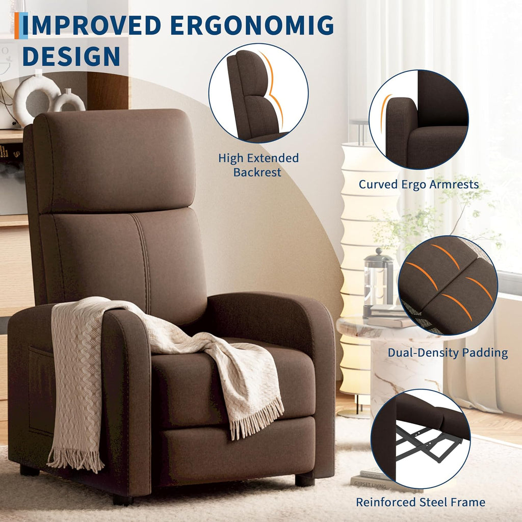 GarveeHome Linen Fabric Manual Recliner Chair, with Side Pocket, High Backrest, Thick Cushion, Adjustable Push Back Recliner, Lazy Lounge Chair for Living Room, Home Theater, Bedroom, Brown