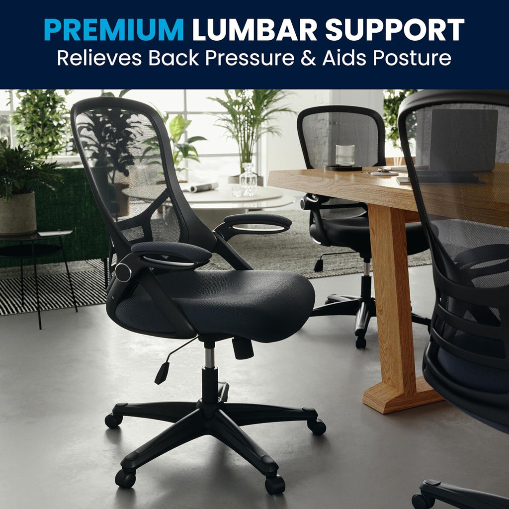 Flash Furniture Porter High-Back Swivel Office Chair with Adjustable Lumbar Support and Seat Height, Ergonomic Mesh Desk Chair with Flip-Up Armrests, Black