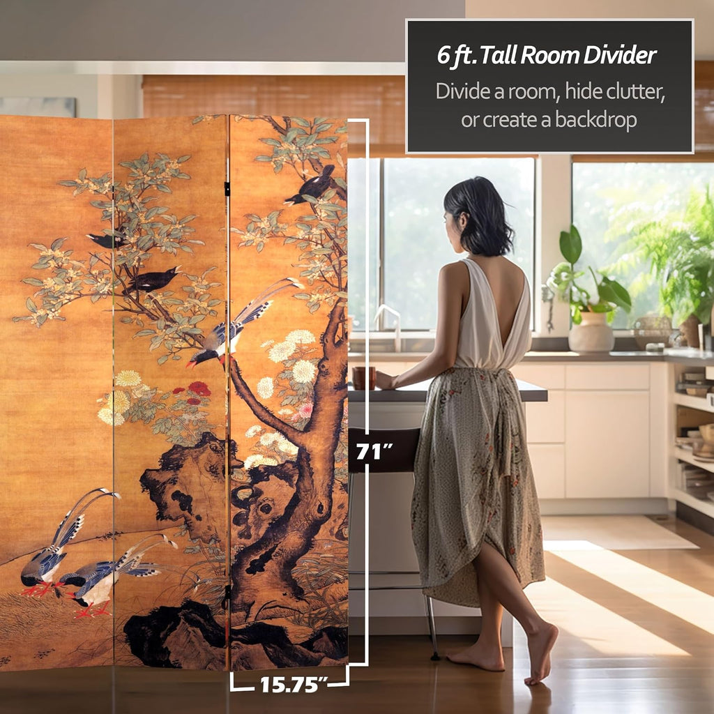 Oriental Furniture 6 ft. Tall Double Sided Chinese Landscapes Canvas Room Divider,Brown