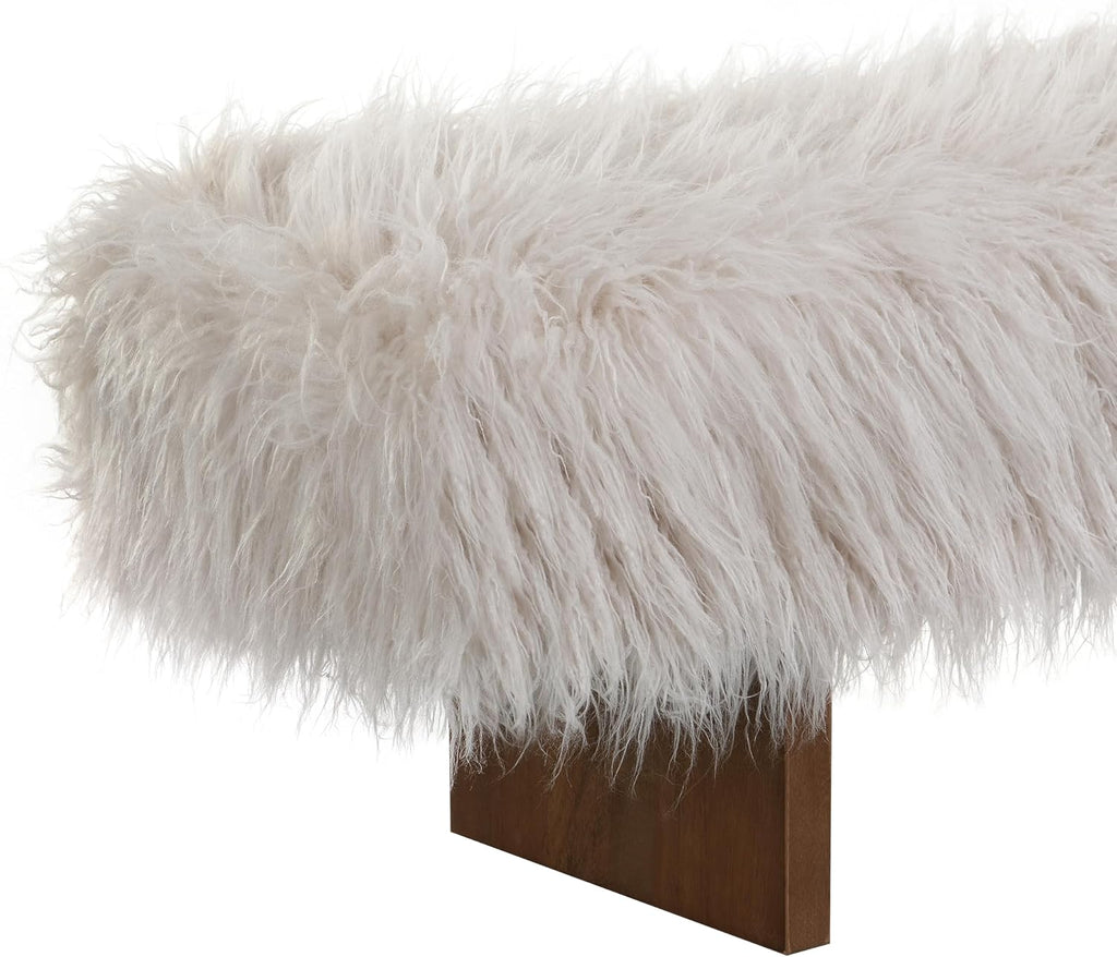 Christopher Knight Home Lenka 67' Long-haired Faux Wool Bedroom Bench, Rubberwood Ottoman Bench, Spacious Seating, Long Footstool for Living Room, Luxury Entryway Bench, Brown+Beige