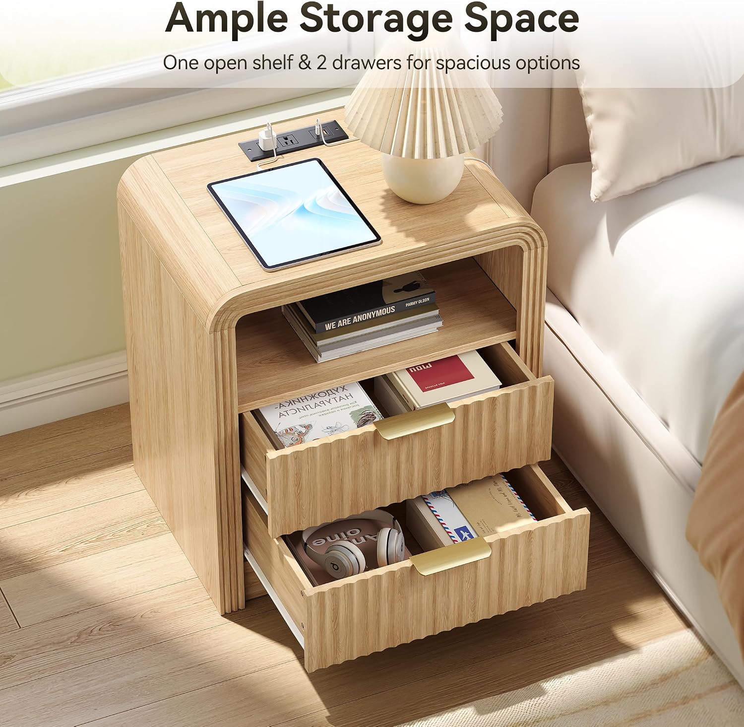 Decofy Fluted Nightstand Set of 2 with Charging Station, 19.7'' Wide Morden End Table with USB/Type-C Ports, 2 Drawers & Open Shelf, Curved Profile Design, Wood Bedside Table for Bedroom (Oak)