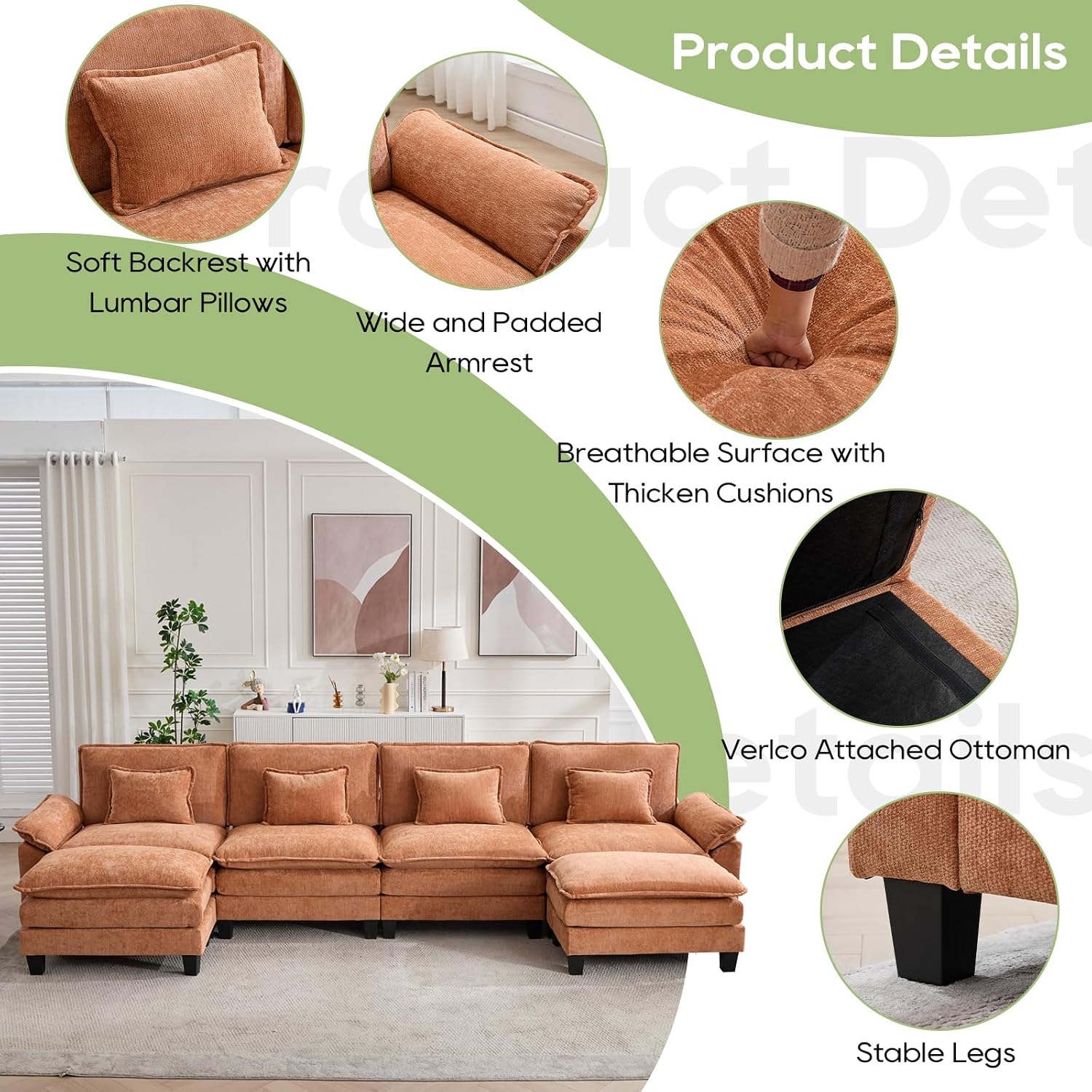 Oprisen 154' Modular Sectional Sofa, Comfy Cloud Couch Sectional Sofa with Ottoman, Chenille Sofa Sleeper Deep Seat Sofa with Throw Pillows for Living Room (Orange, 154'- U Shape)
