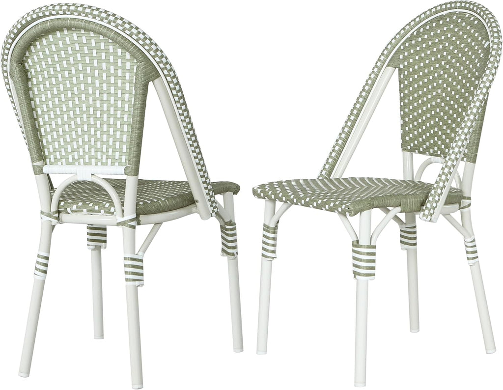 Christopher Knight Home Philomena Outdoor French Bistro Chairs Set of 2, Aluminum Patio Dining Chairs Set of 2, PE Rattan Patio Furniture Amrless Accent Chair for Garden/Backyard/Balcony, Green+White