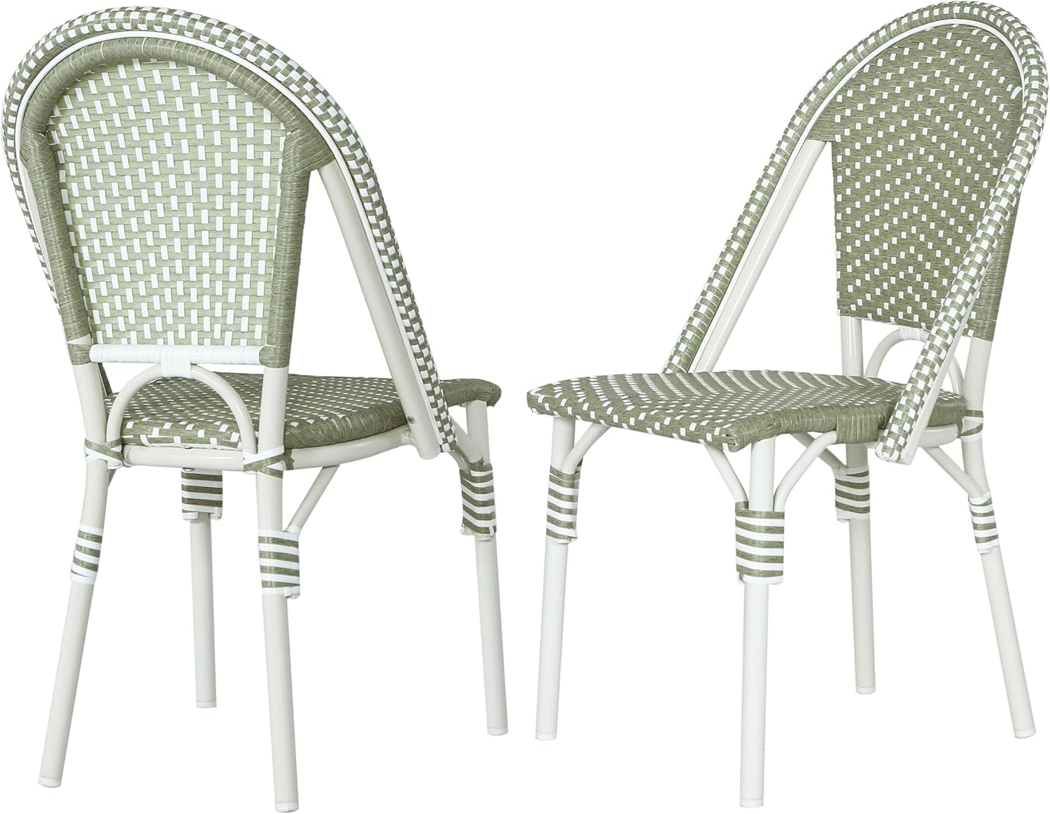 Christopher Knight Home Philomena Outdoor French Bistro Chairs Set of 2, Aluminum Patio Dining Chairs Set of 2, PE Rattan Patio Furniture Amrless Accent Chair for Garden/Backyard/Balcony, Green+White
