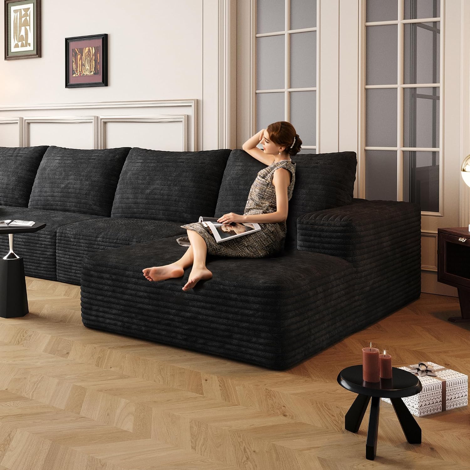 Eafurn Oversized L Shape Modular Sectional Sofa with Right Facing Chaise Lounge,Wide Deep Seat Compressed Corner Couch,Minimalist Corduroy Upholstered Boneless Lounge Sofa Couch