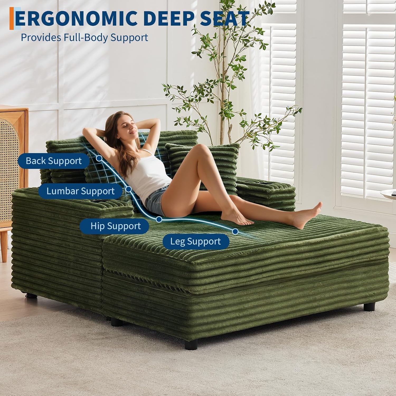 GarveeHome 60-inchOversized Chaise Lounge Chair Indoor, Comfy Corduroy Lounge Sofa with Charging Station, Cup Holders & Throw Pillows, Cozy Sleeper Couch for Living Room Apartments, Green