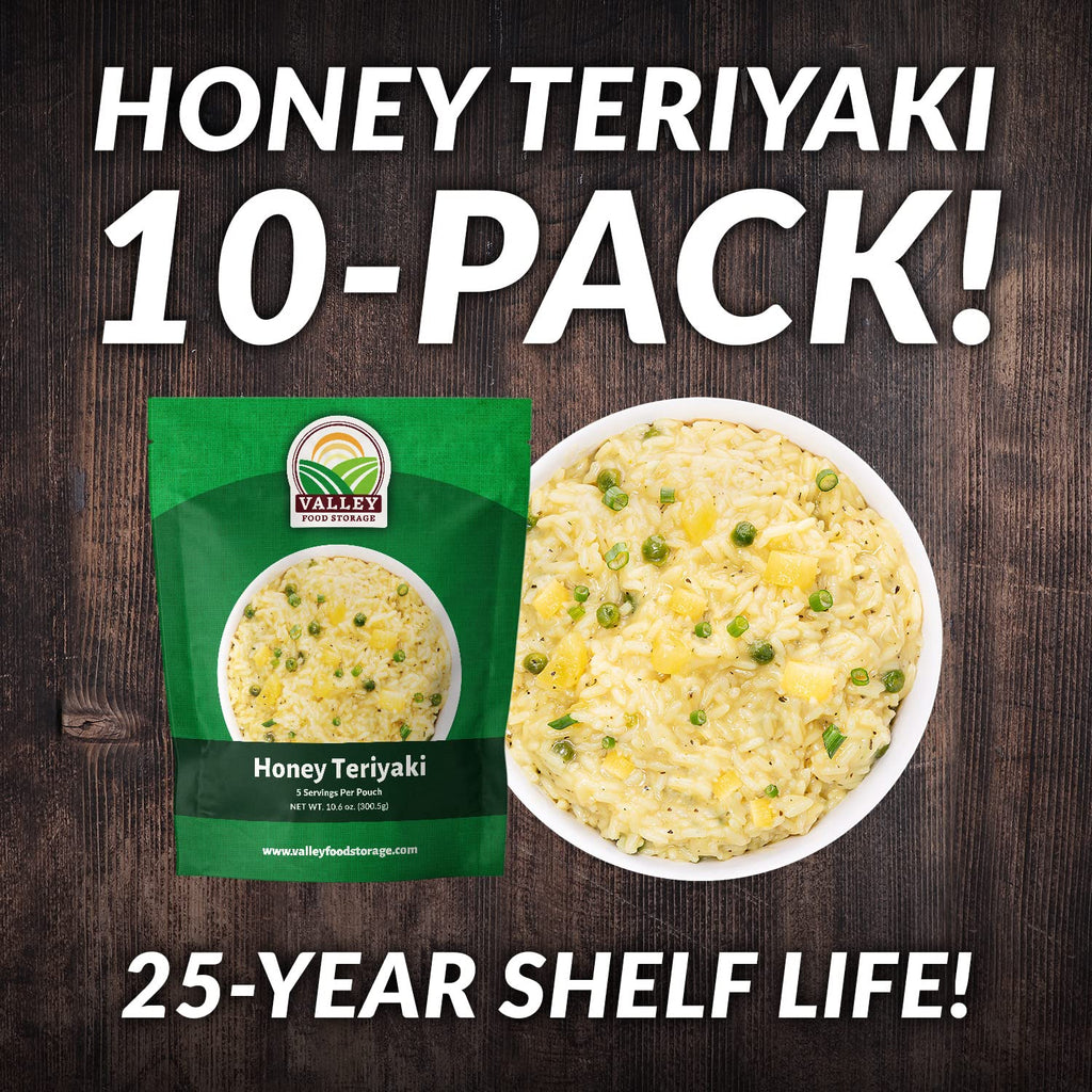 Valley Food Storage Honey Teriyaki Rice | 10-Bag Bucket, 50 Servings | Non-GMO Premium Emergency Food Supply, 25 Year Shelf Life | Survival Meal Kits, Prepper Food & Off-Grid Living Supplies, Packaged in USA