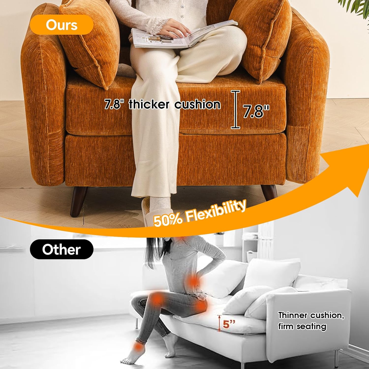 Rexulqo Oversized Accent Chair with Seats Storage,Comfy Living Room Chairs with 2 Throw Pillow,Upholstered Mid-Century Armchair,24.5'' Deep Seat,Reading Chair for Bedroom,Office,Chenille,Yellow