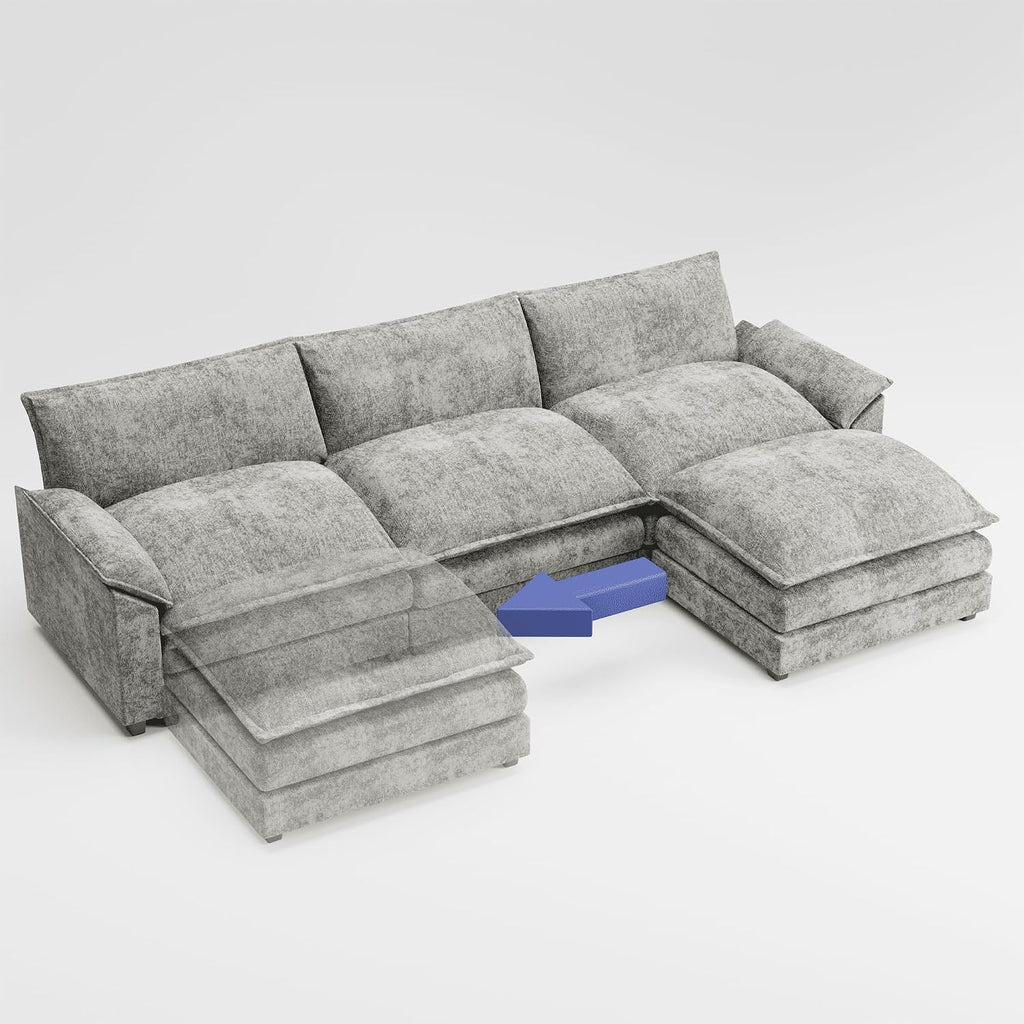 Shahoo Sectional Modular Sofa L Shaped Chenille Fabric Couch with High Supportive & Soft Sponges and Removable Ottoman, Sleeper Comfy Upholstered Furniture for Living Room, Grey