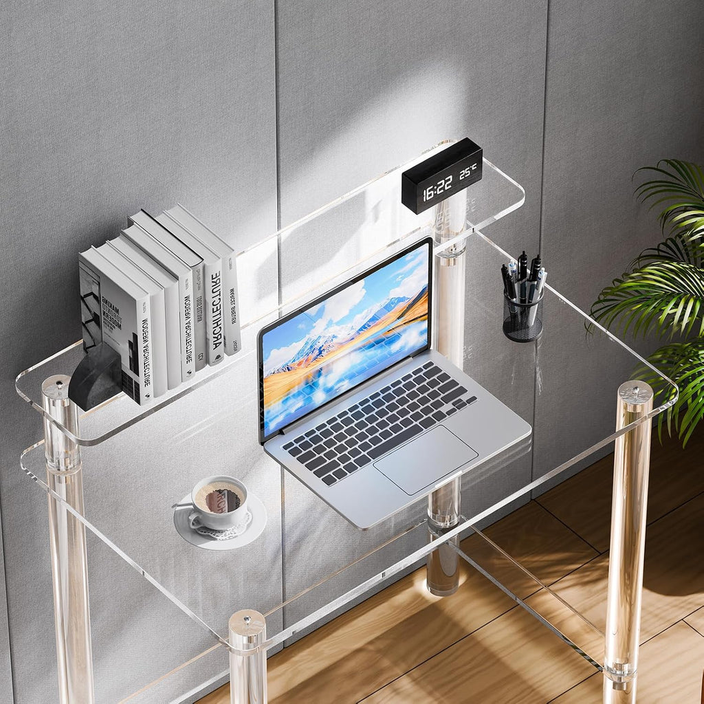 VEVOR Acrylic Desk with Monitor Stand, 2-Tier Clear Table Study Writing Desk, Modern Computer Desk for Home Office, Study, Bedroom Vanity, Living Room, 31.5' W x 19.7'' D x 34.7' H