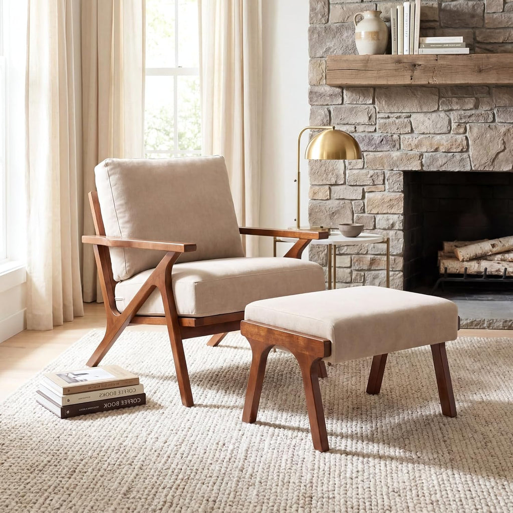 chairus Mid-Century Modern Accent Chair with Ottoman, Comfy Upholstered Lounge Armchair with Removable Cushions & Solid Wood Frame, Reading Chair for Living Room Bedroom Office, Beige Denim Fabric