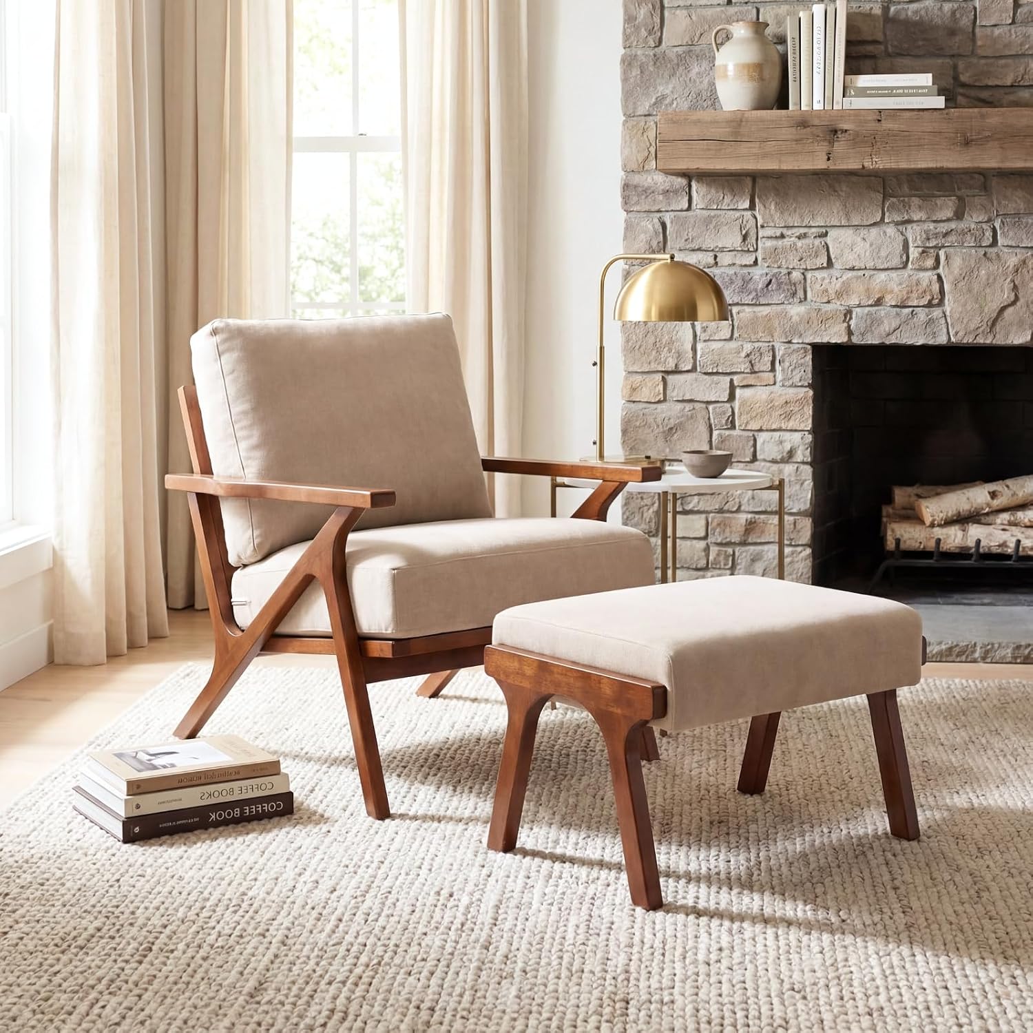 chairus Mid-Century Modern Accent Chair with Ottoman, Comfy Upholstered Lounge Armchair with Removable Cushions & Solid Wood Frame, Reading Chair for Living Room Bedroom Office, Beige Denim Fabric