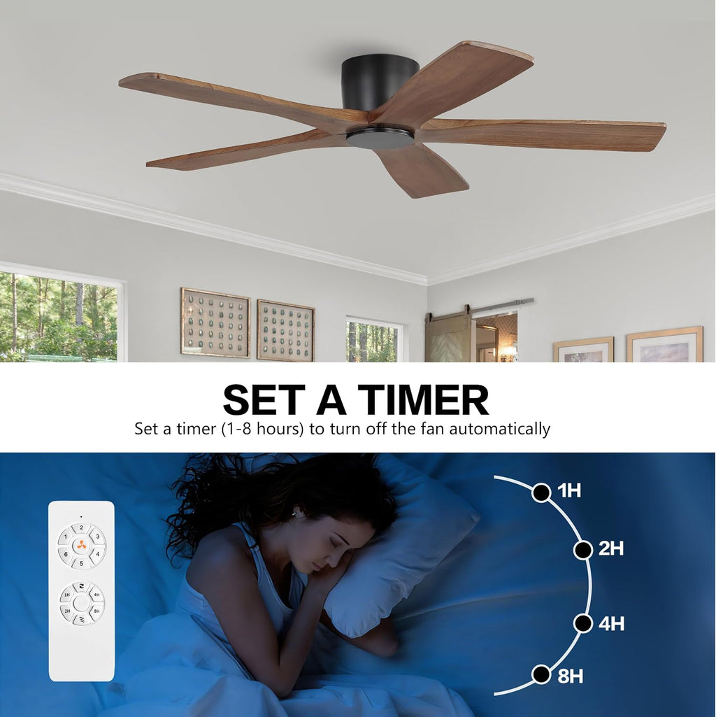 WINGBO 48' Flush Mount DC Ceiling Fans without Lights, 5 Carved Solid Wood Blades, 6-Speed Reversible DC Motor, Low Profile Hugger Ceiling Fan No Lights for Living Room Bedroom Patio, Black and Walnut