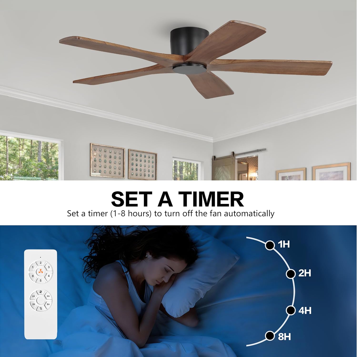 WINGBO 48' Flush Mount DC Ceiling Fans without Lights, 5 Carved Solid Wood Blades, 6-Speed Reversible DC Motor, Low Profile Hugger Ceiling Fan No Lights for Living Room Bedroom Patio, Black and Walnut