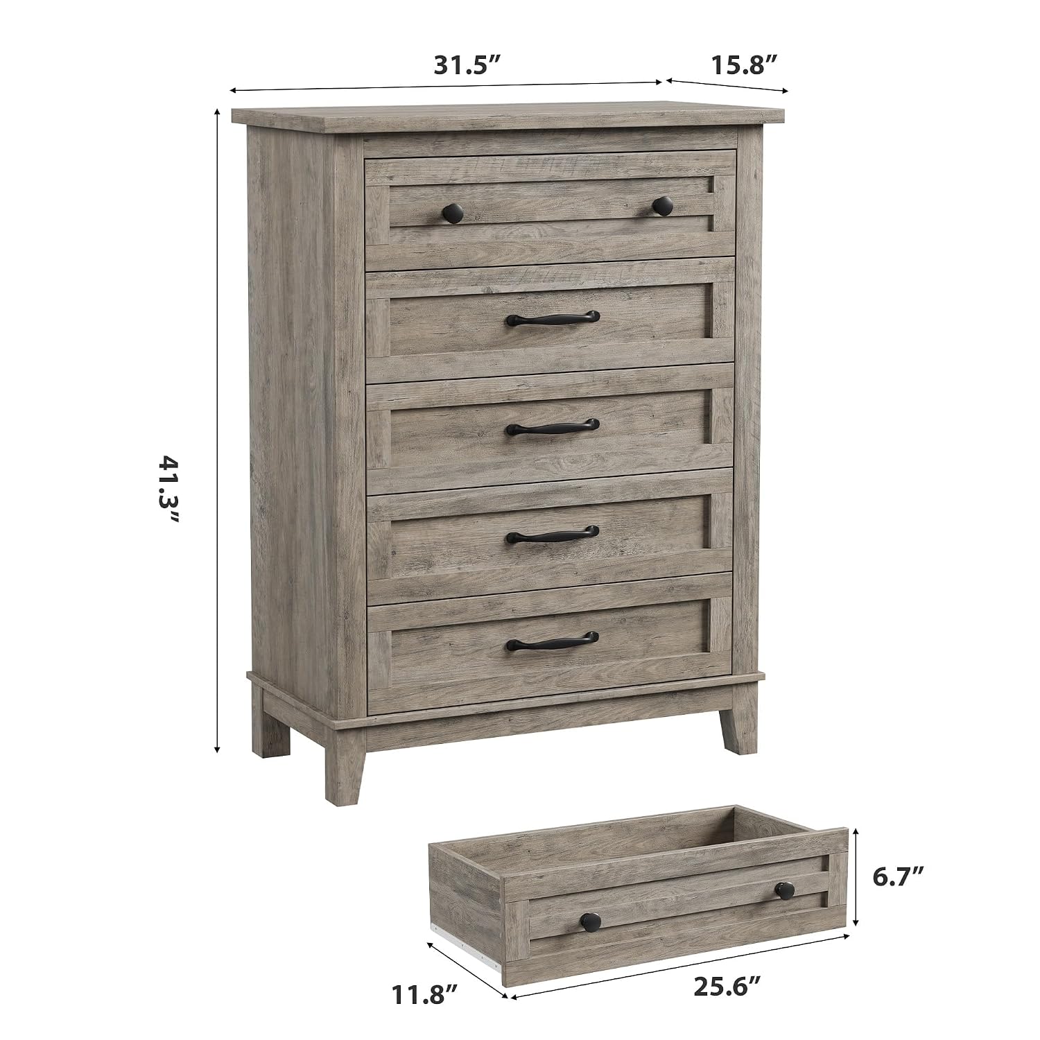 GarveeHome 5 Dresser for Bedroom, 41.3 in Tall Vertical Drawer Dresser with Large Storage, Freestanding Wooden Closet Chest for Bedroom, Living Room, Ash Grey