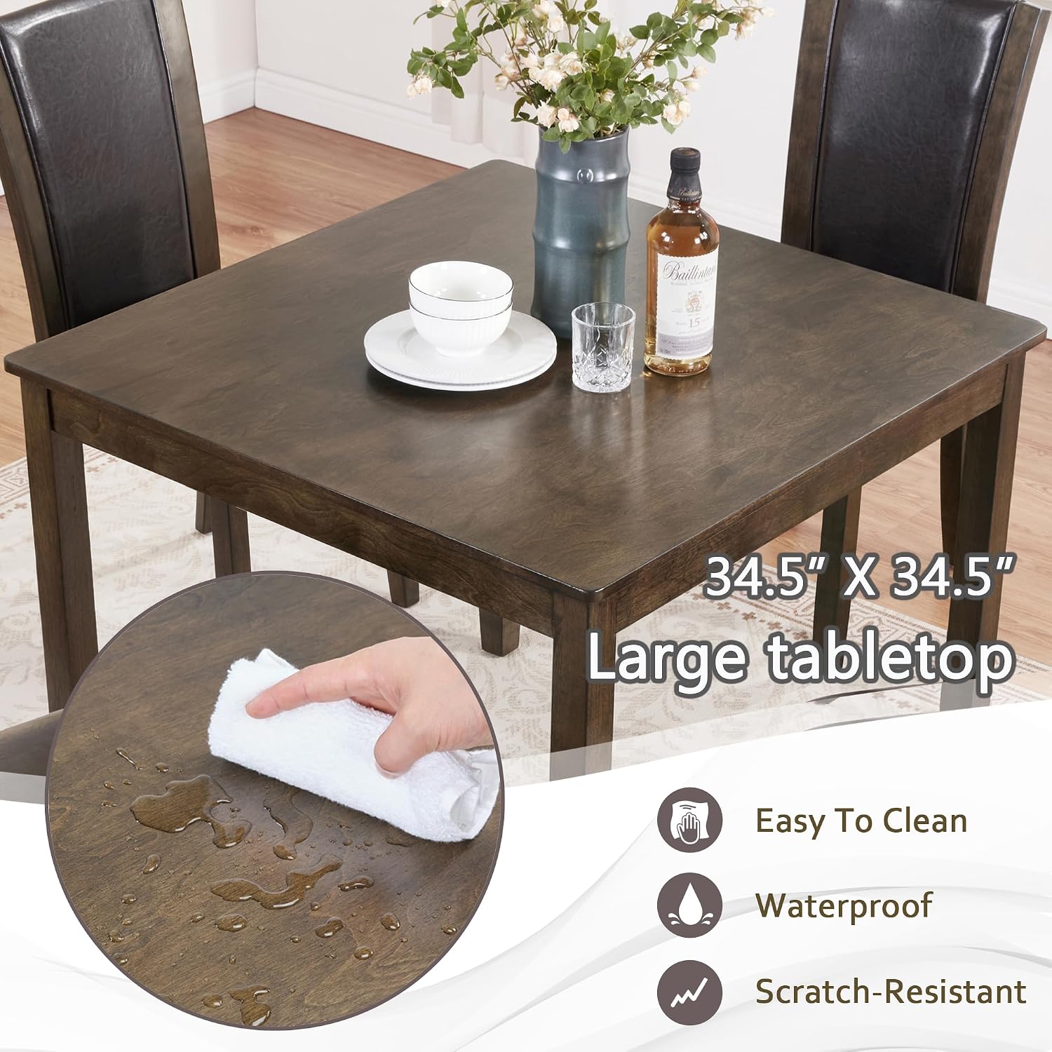 5-Piece Dining Table Set for 4, Kitchen Dining Table with 4 Soft Cushioned Solid Wood Chairs, Ideal for Home or Restaurant Use.(Dark Walnut_Small)