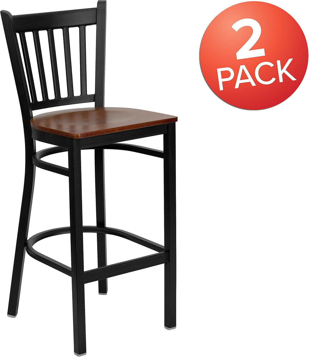 Flash Furniture 2 Pk. HERCULES Series Black Vertical Back Metal Restaurant Barstool - Cherry Wood Seat