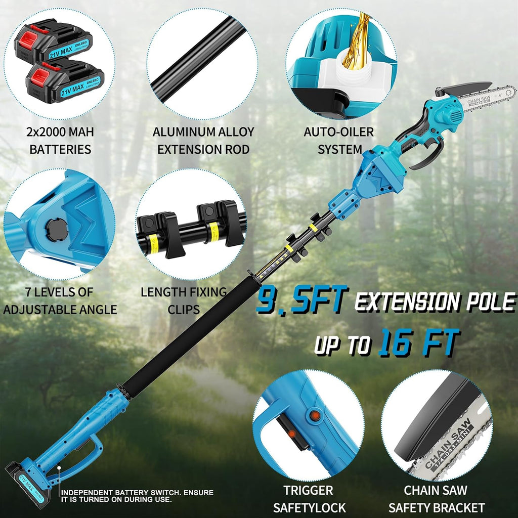 Pole Saws for Tree Trimming, 2-in-1 Pole Saw＆6 Inch Mini Chainsaw,with Extension,Fathers Day Dad Gifts for Men,Electric Pole Saw Used for Wood Cutting and High-Branch Pruning,2x2.0Ah Batteries