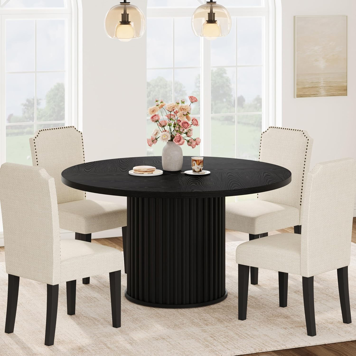 GarveeHome 47Inch Round Dining Table for 4-6 People, Black Dining Room Table with Sturdy Waveform Metal Pedestal Base, Industrial Circle Kitchen Table for Dining Room, Kitchen