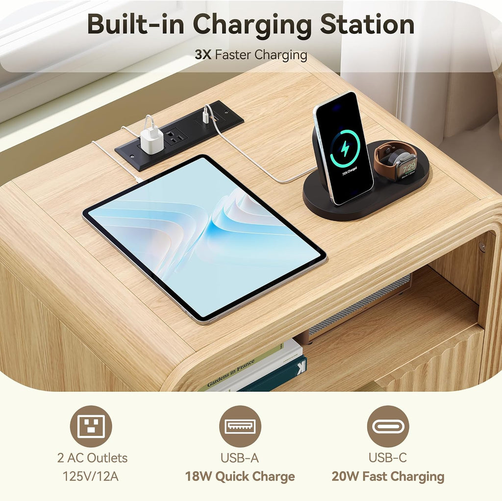 Decofy Fluted Nightstand Set of 2 with Charging Station, 19.7'' Wide Morden End Table with USB/Type-C Ports, 2 Drawers & Open Shelf, Curved Profile Design, Wood Bedside Table for Bedroom (Oak)
