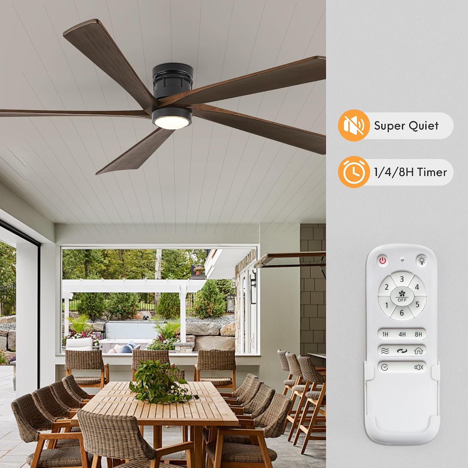 EKIZNSN 84 Inch Outdoor Low Profile Flush Mount Ceiling Fans with Lights and Remote Control for Patios, 6-Gear Speed, 110V Noiseless Reversible DC Motor (Black Finish with Walnut Blades)