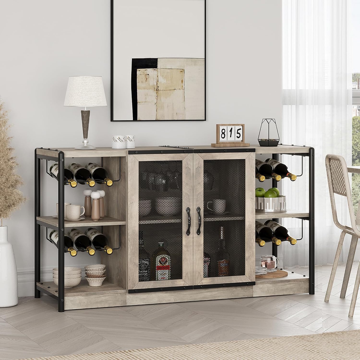 GAOMON Wine Bar Cabinet, Liquor Cabinet for Liquor and Glasses, Industrial Bars & Wine Cabinets with Storage and Wine Rack, Home Bar Furniture for Dining Room, Living Room, Kitchen (Grey)