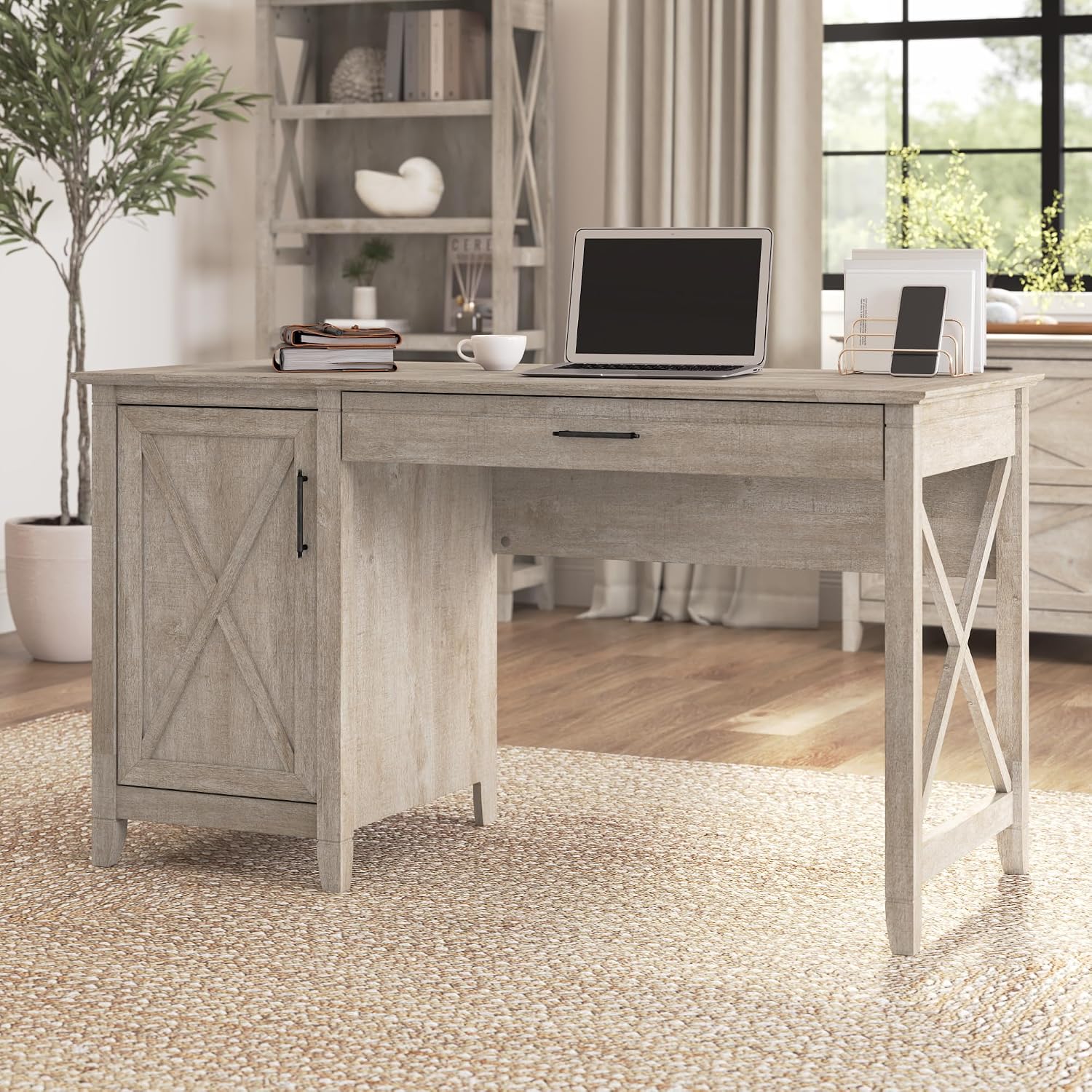 Bush Home Key West Computer Desk with Storage | Farmhouse PC Table for Home Office in Washed Gray | 54W x 24D