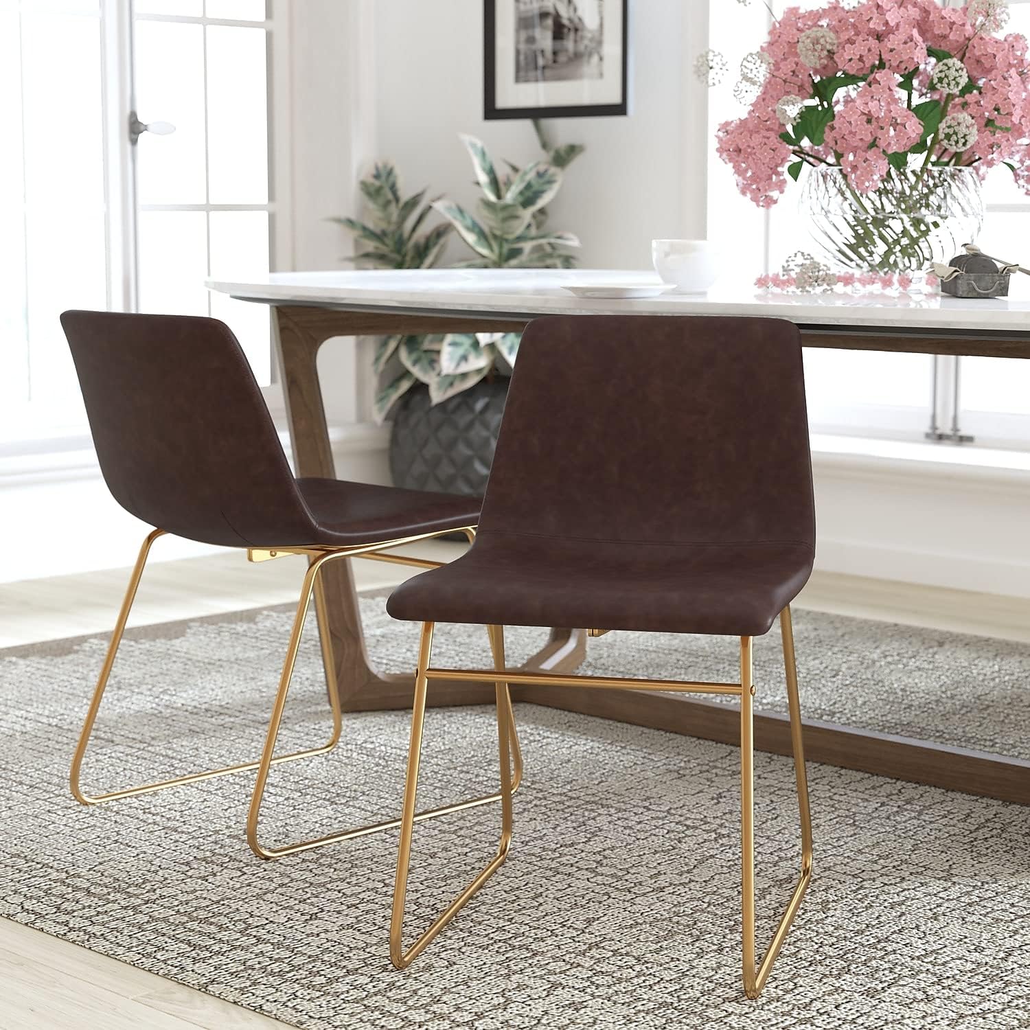 Flash Furniture Butler 18 Inch Commercial Grade LeatherSoft Dining Table Height Chair, Mid-Back Gold Sled Base with Dark Brown LeatherSoft Upholstery, Set of 2
